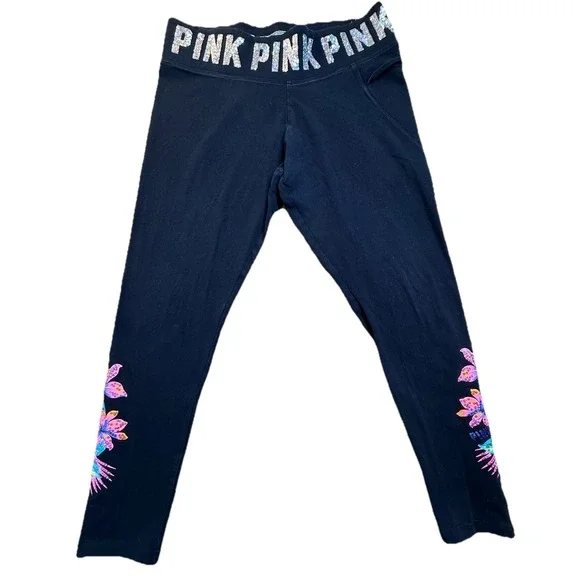 VS PINK Hibiscus Bling Yoga Leggings Wmns L Sequin Activewear Blk/Pink Y2K - Picture 3 of 6
